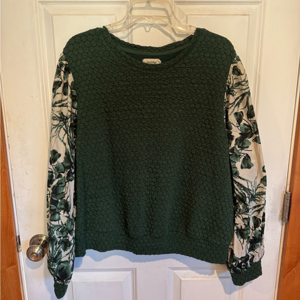 Anthropologie Dark Green Textured Sweater with Floral Sleeves